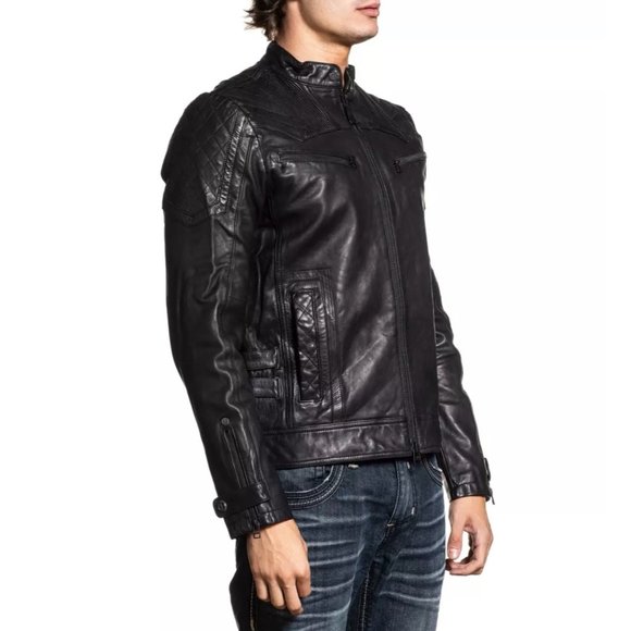 AFFLICTION Leather ON FIRE Men's JACKET Black Bike - Picture 5 of 7